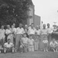 Group of men at the Bogan reunion in 1954 on the lawn of the North Robinson Ohio school. This was the last that Edgar and Jessie Bogan attended.